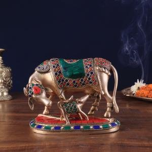 9" Handcrafted Brass Kamdhenu Cow with Calf Statue - Divine Symbol of Fertility, Abundance & Prosperity